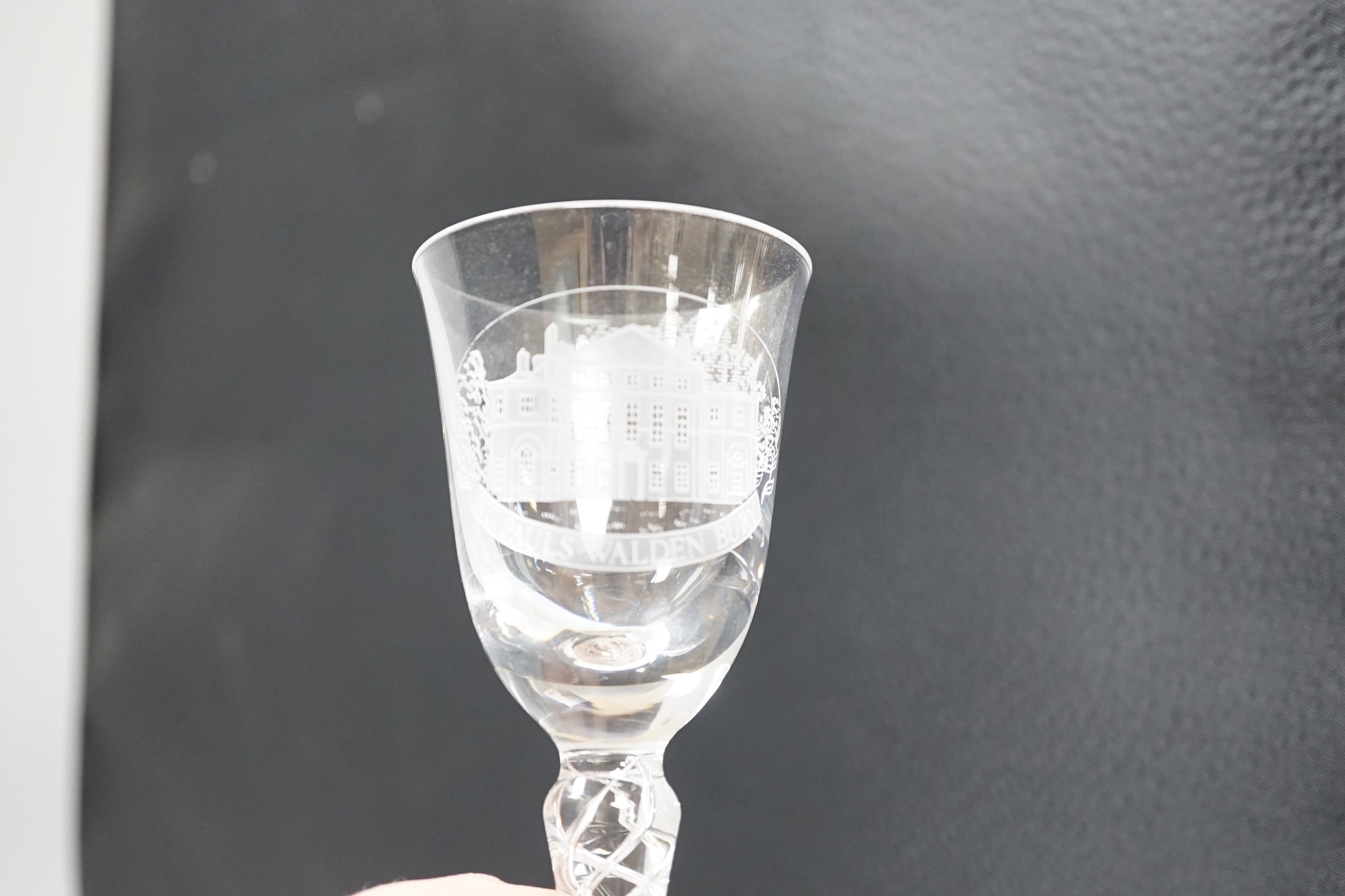 Orrefors by repute - five etched air-twist wine glasses commemorating the Queen Mother, with matching decanter